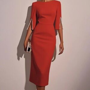 Elegant Red Dress with Pearl Accents